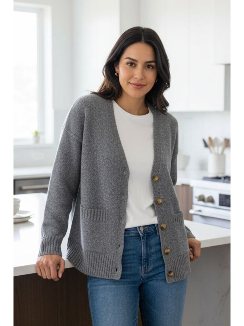 Ella Moss M Patch Pocket Button Front Knit Cardigan Long Sleeve Granny Classic